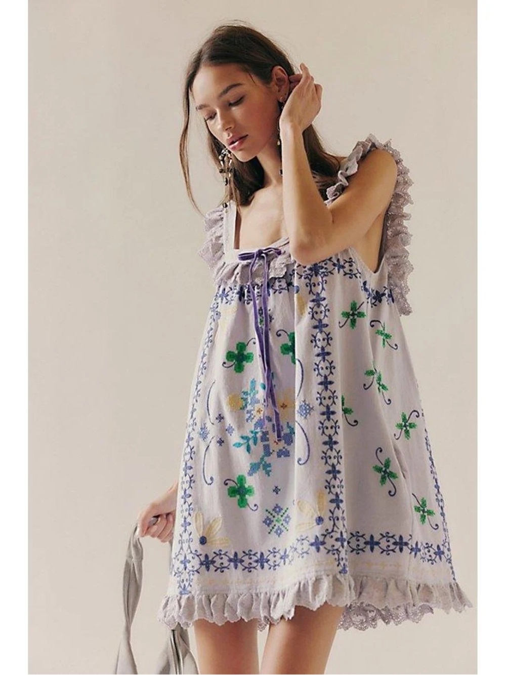 Free People Bali Main Squeeze Mini Dress Floral Embroidered Ruffled Cotton XL